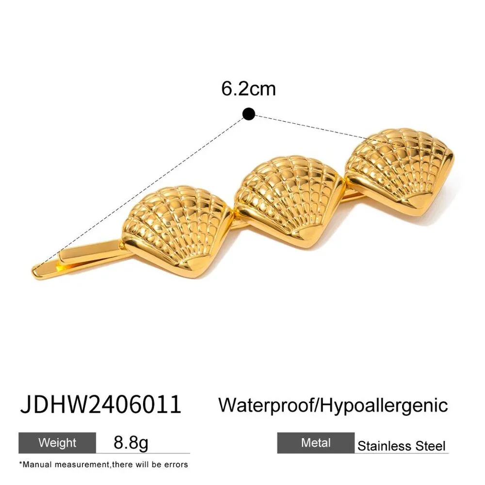 18K Gold Plated Stainless Steel Triple Shell Barrette Coastal Hair Bobby Pin